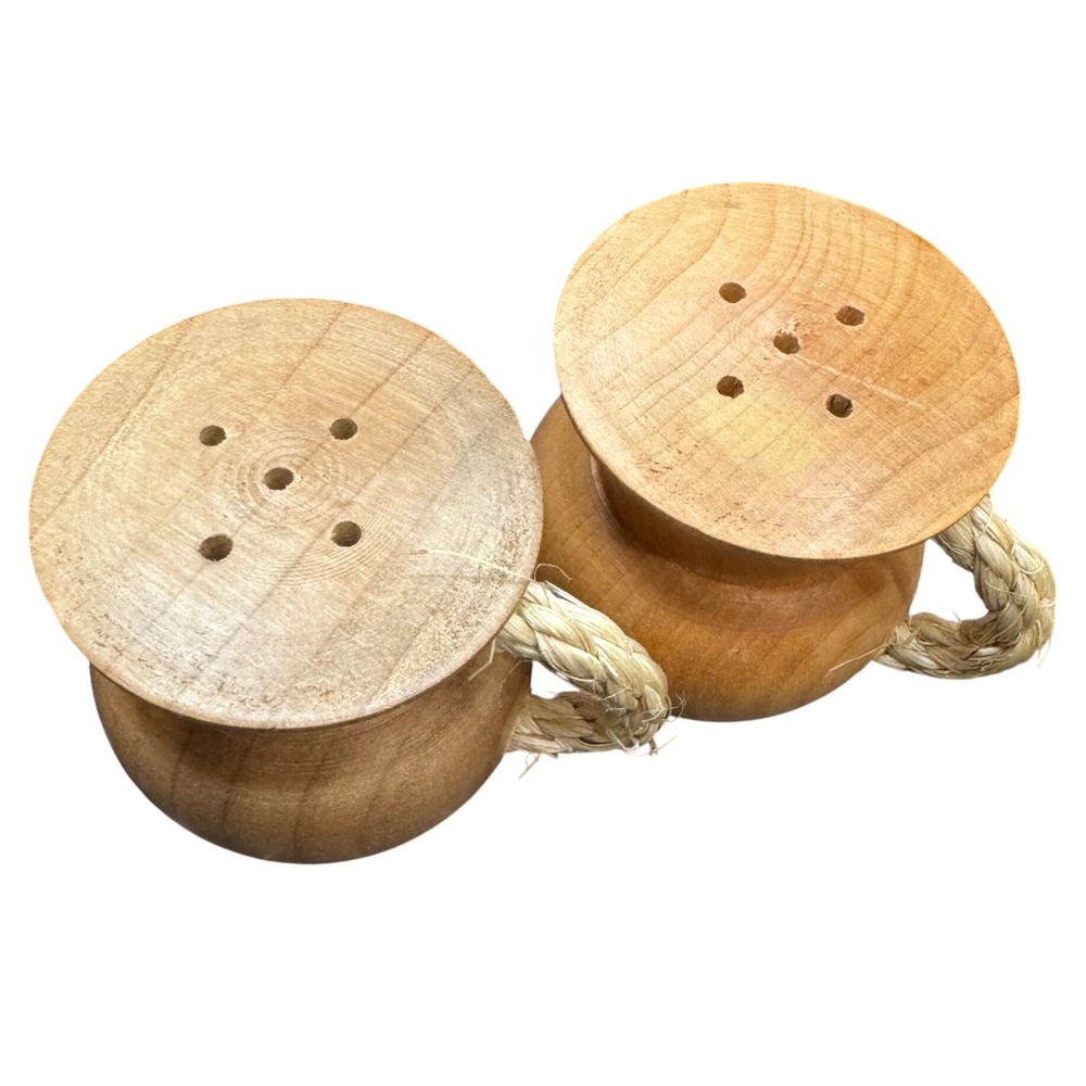Vintage Handcrafted Wood Salt and Pepper Shakers Jug Shape Jute Rope Handles Set